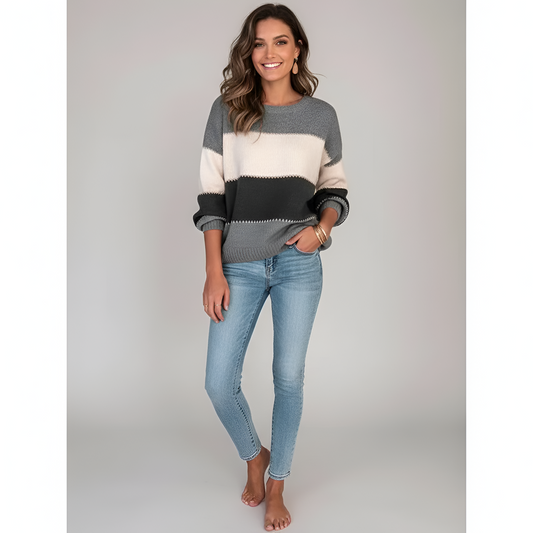 Women's Cotton Blend Sweater Pullover Long Sleeves Striped - VibreMode