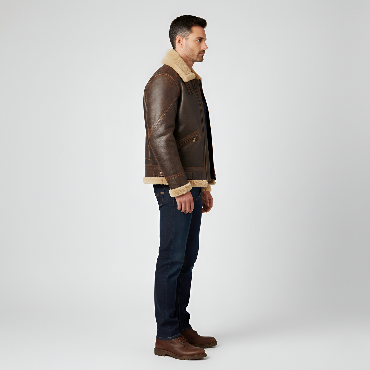 Men's Leather Aviator Jacket Shearling Faux Fur Collar