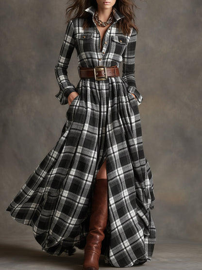Ladies Classic Checked Long Sleeve Maxi Dress