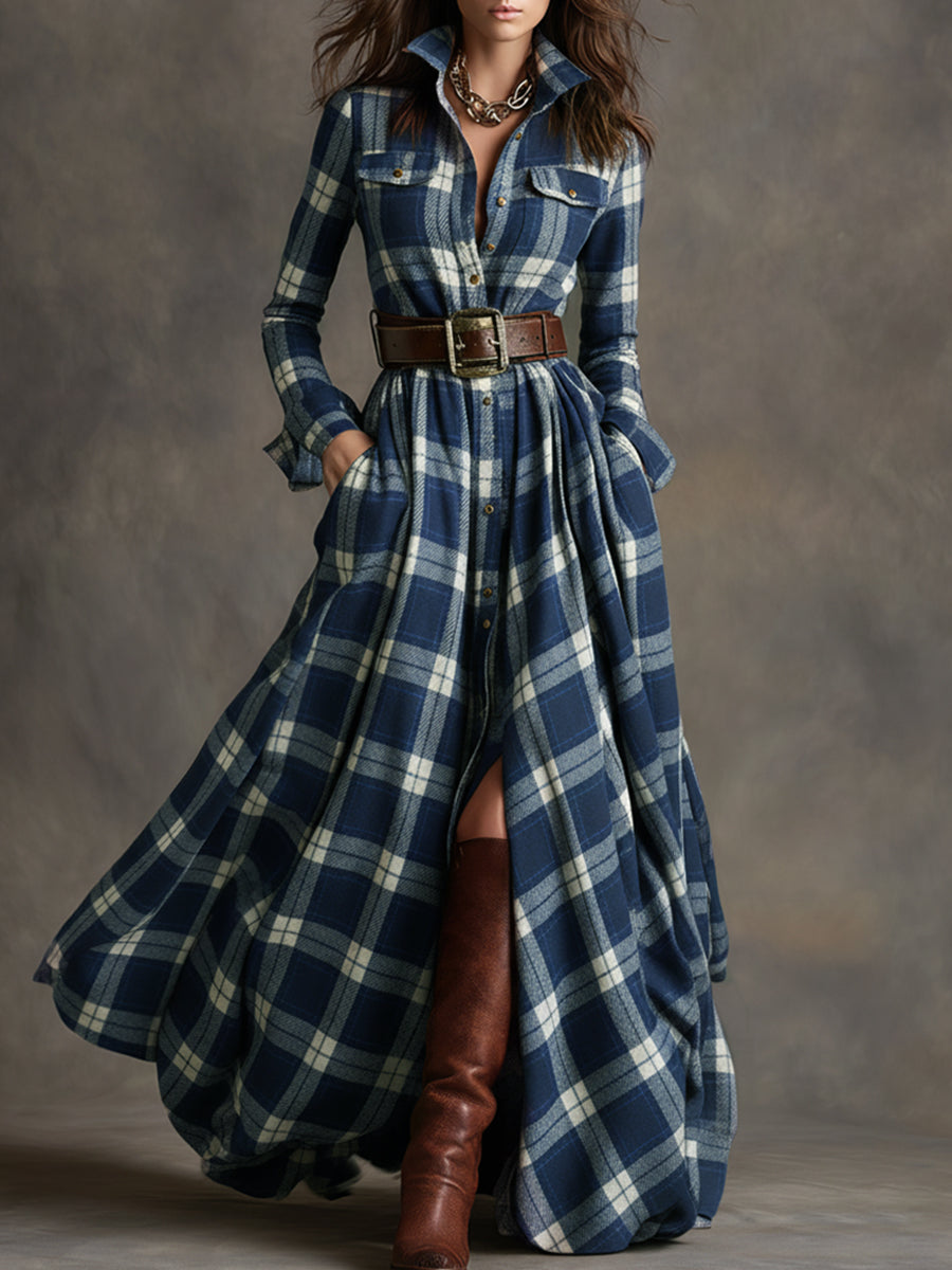 Ladies Classic Checked Long Sleeve Maxi Dress