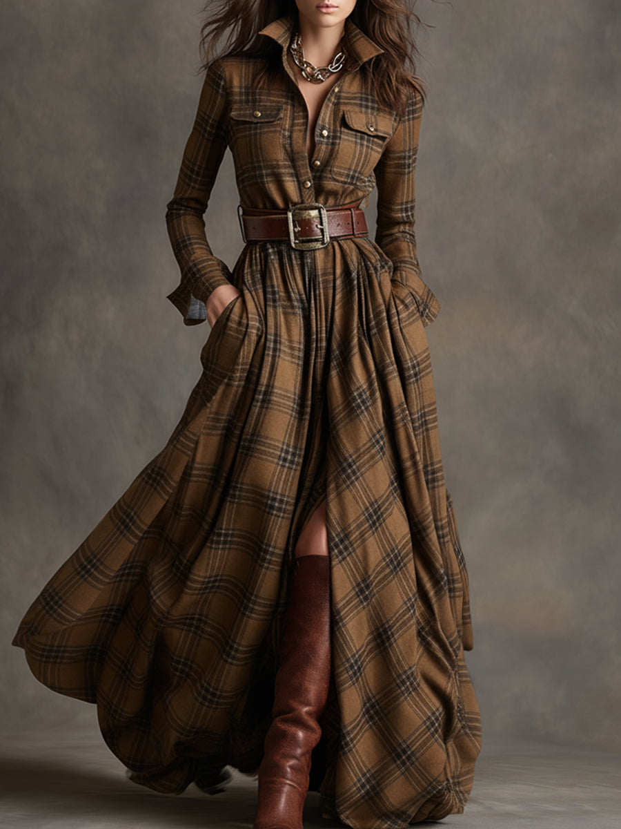 Ladies Classic Checked Long Sleeve Maxi Dress