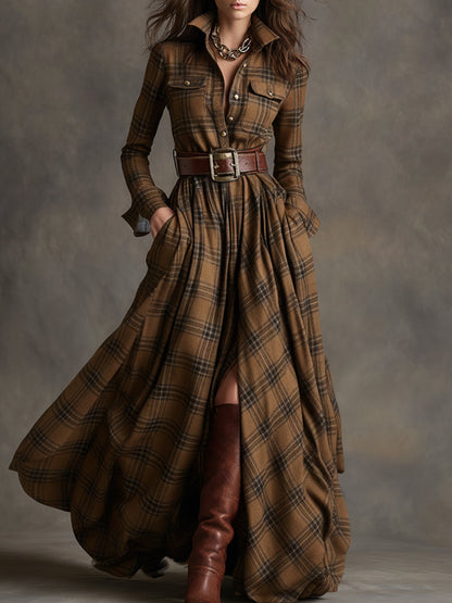 Ladies Classic Checked Long Sleeve Maxi Dress