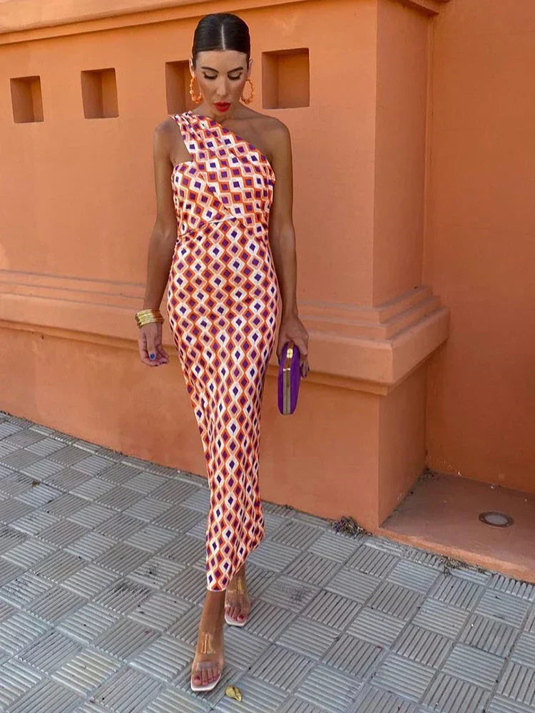 Women's Printed Midi Dress One-Shoulder Wide Strap - VibreMode