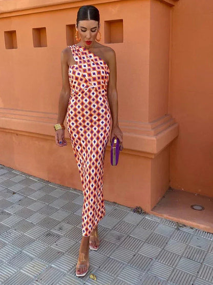 Women's Printed Midi Dress One-Shoulder Wide Strap - VibreMode