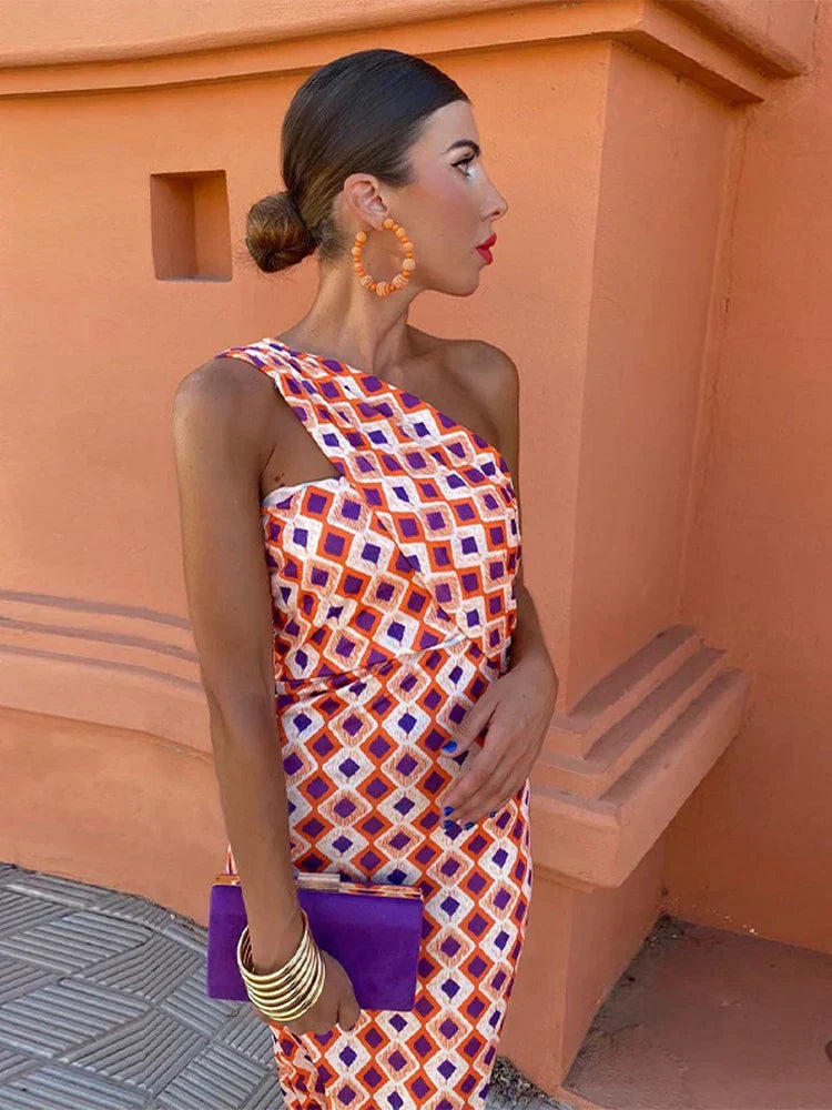 Women's Printed Midi Dress One-Shoulder Wide Strap