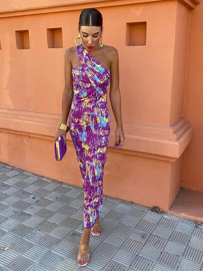 Women's Printed Midi Dress One-Shoulder Wide Strap