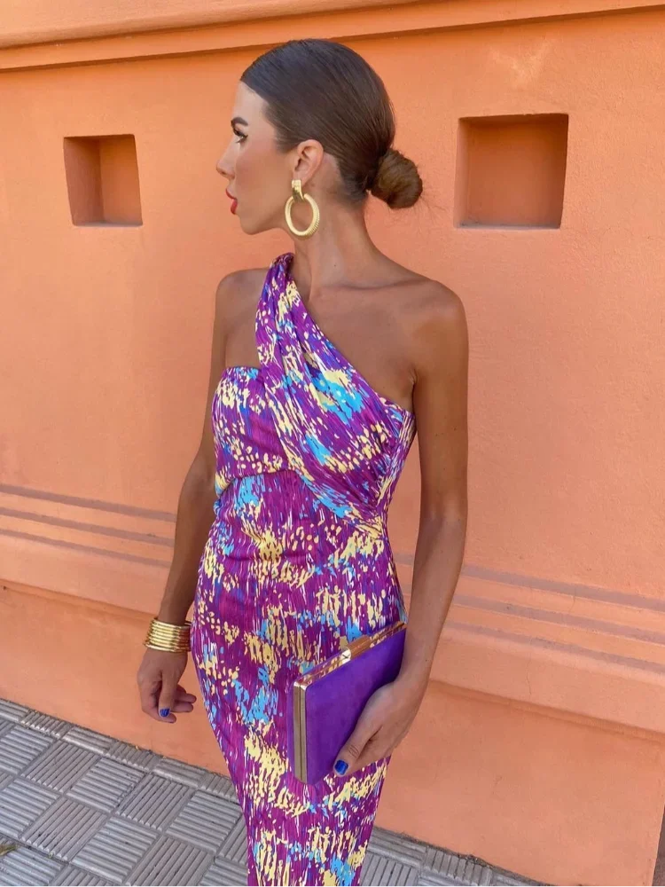 Women's Printed Midi Dress One-Shoulder Wide Strap