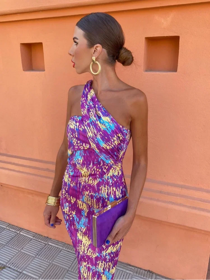 Women's Printed Midi Dress One-Shoulder Wide Strap