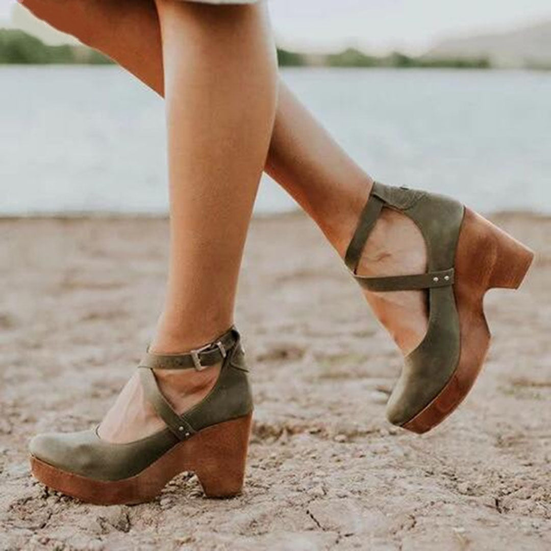 Women's Block Heel Shoes Ankle Strap Buckle Closure