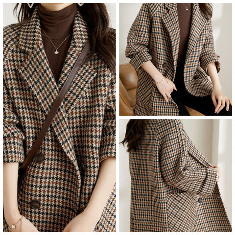 Women's Checked Wool Coat Comfortable Fit