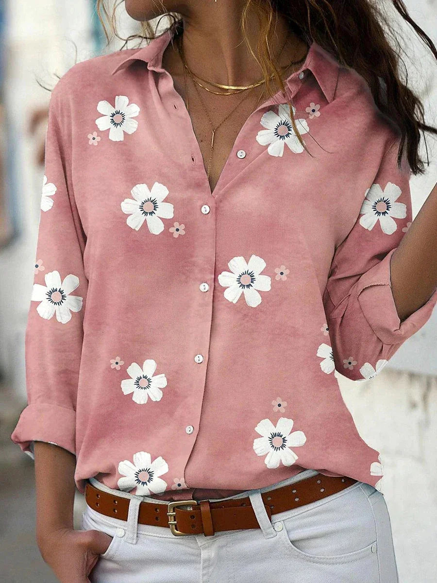 Women's Floral Blouse Cotton Collar Rolled Sleeves