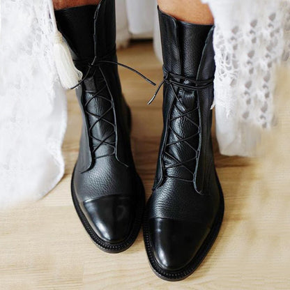 Women's Mid-Calf Lace-Up Boots Low Heel Black - VibreMode