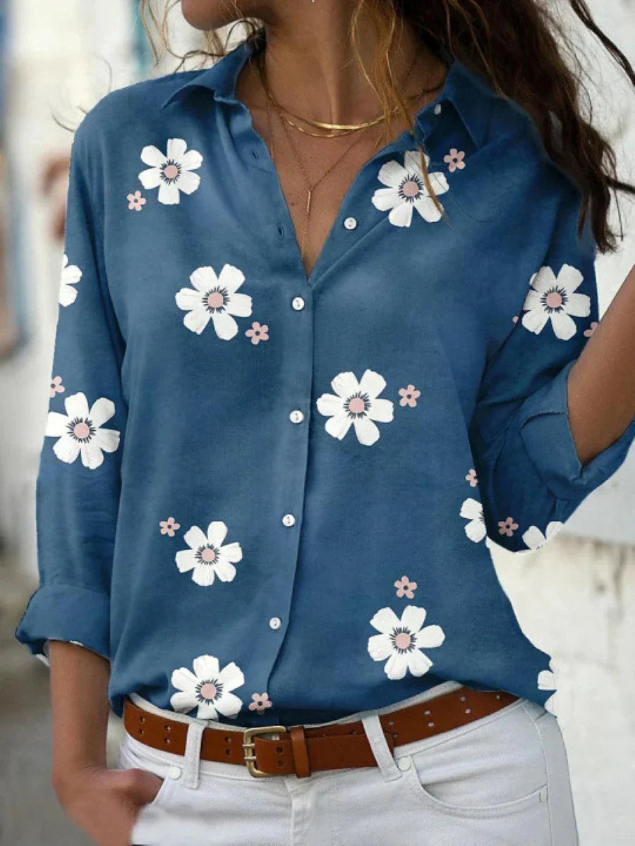 Women's Floral Blouse Cotton Collar Rolled Sleeves