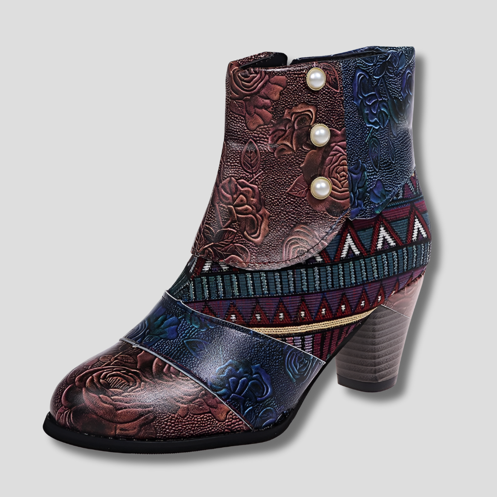 Women's Embossed Leather Boots Chunky Heel