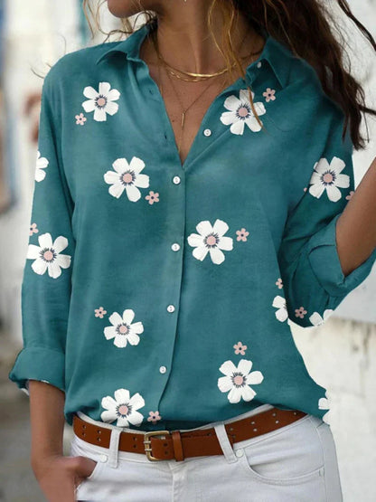 Women's Floral Blouse Cotton Collar Rolled Sleeves