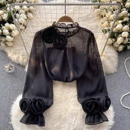 Women's Blouse High Neck 3D Floral Appliques Flared Sleeves