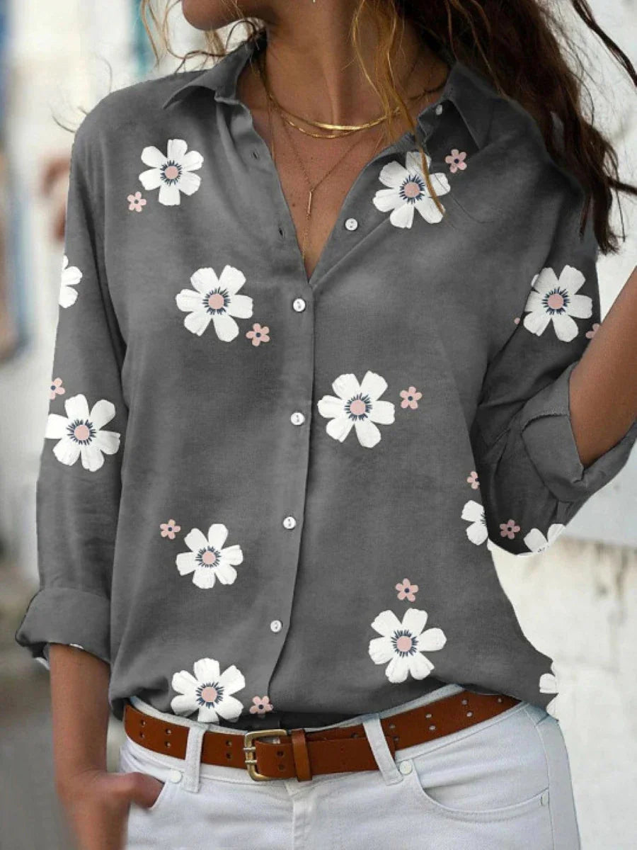 Women's Floral Blouse Cotton Collar Rolled Sleeves - VibreMode