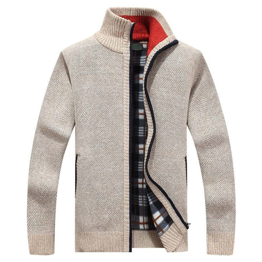 Men's Knitted Sweater Zipper Front Warm Beige - VibreMode