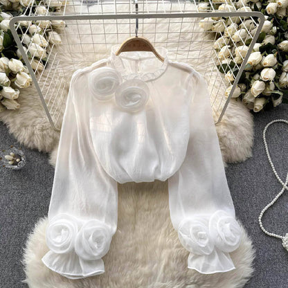 Women's Blouse High Neck 3D Floral Appliques Flared Sleeves