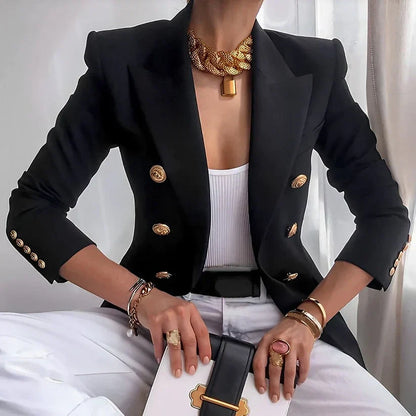 Women's Classic Double-Breasted Blazer Gold Buttons - VibreMode