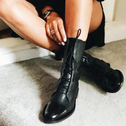 Women's Mid-Calf Lace-Up Boots Low Heel Black