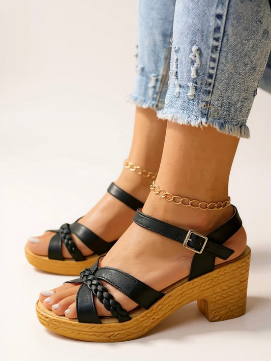 Women's Woven Block Heel Sandals Cushioned - VibreMode