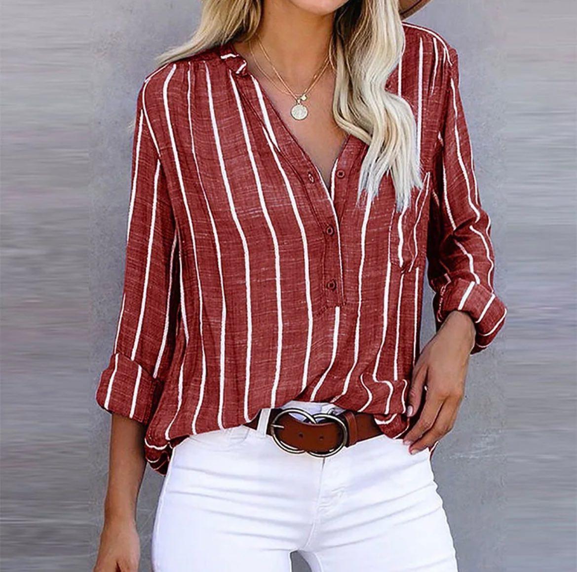Women's Striped Long Sleeve Blouse Button Front - VibreMode