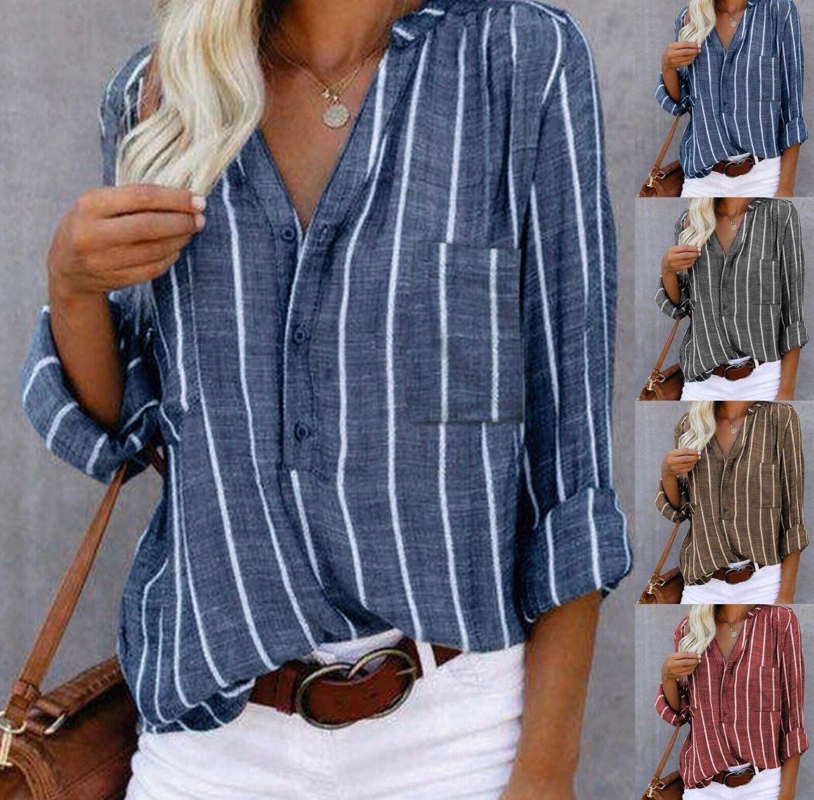 Women's Striped Long Sleeve Blouse Button Front