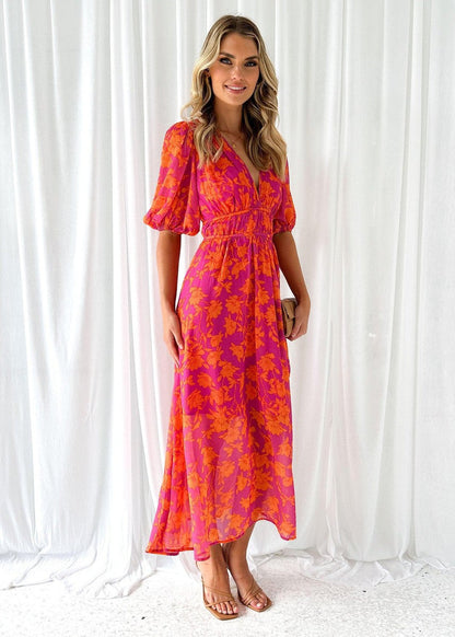 Women's Floral Midi Dress Puff Sleeves V-Neck