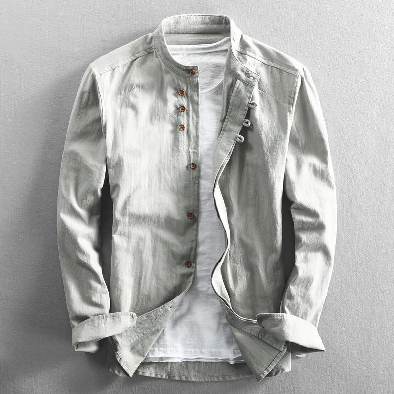 Men's Button-Down Shirt Band Collar Cotton