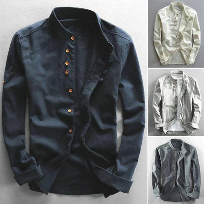 Men's Button-Down Shirt Band Collar Cotton