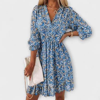 Women's V-Neck Floral Dress Puff Sleeves