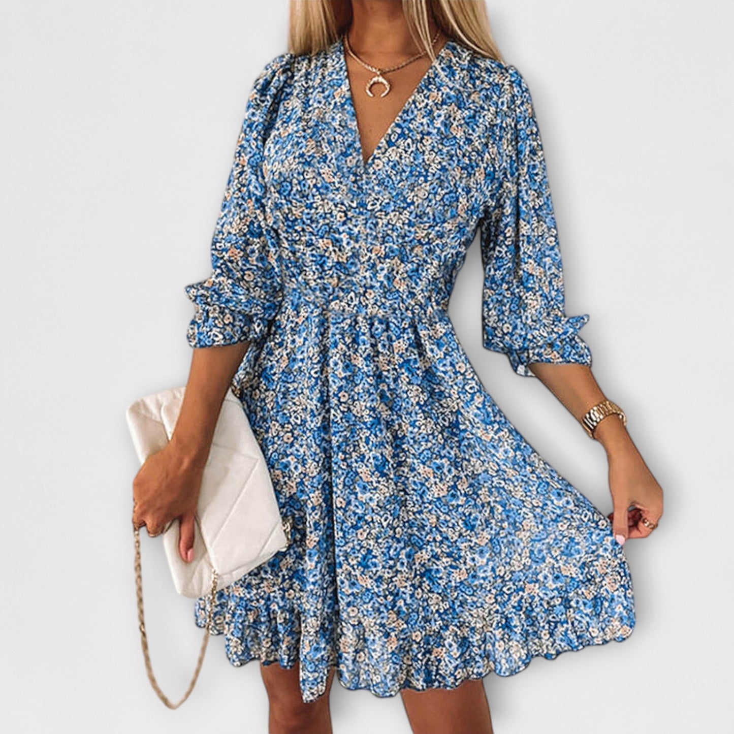Women's V-Neck Floral Dress Puff Sleeves