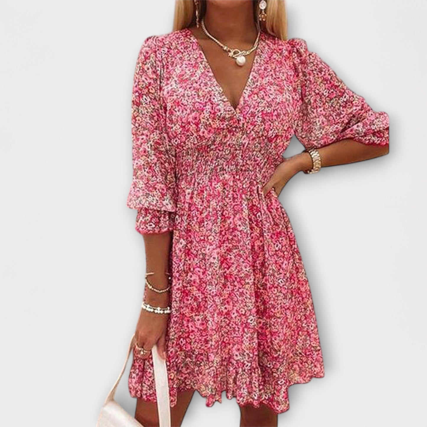 Women's Floral Mini Dress V Neck Long Sleeves - VibreMode
