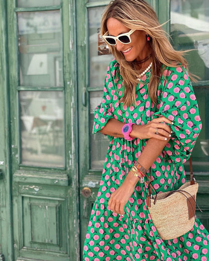 Women's V-Neck Printed Flowy Dress