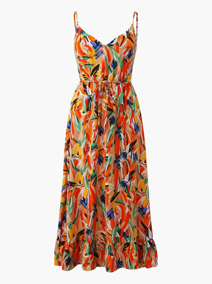 Women's Midi Dress Spaghetti Strap Abstract Print Ruffle Hem