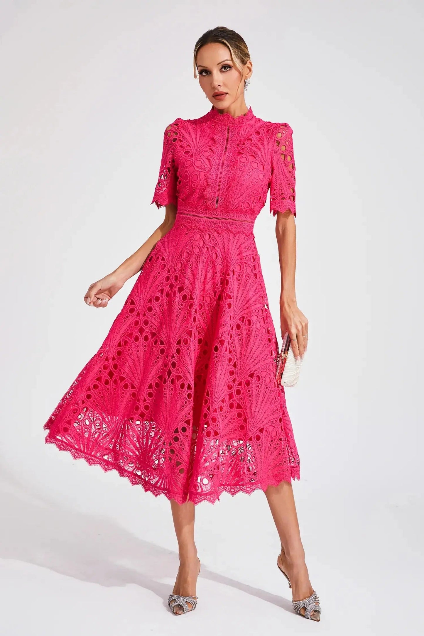 Women's Lace Midi Dress Elegant Beige - VibreMode
