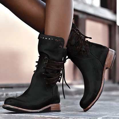 Women's Vintage Mid Calf Boots Studded Lace Up Low Heel