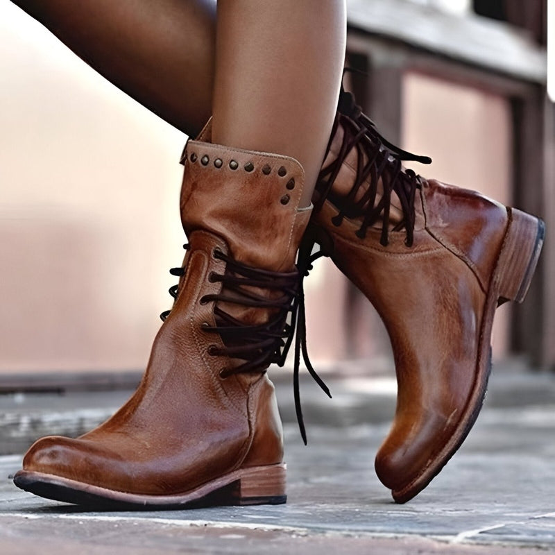 Women's Vintage Mid Calf Boots Studded Lace Up Low Heel