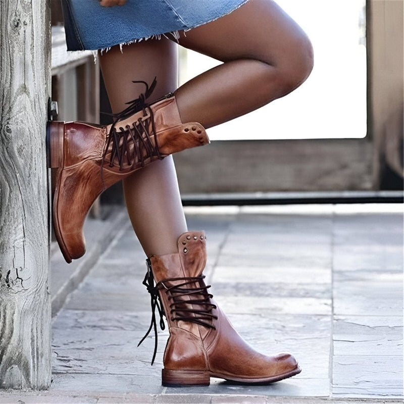 Women's Vintage Mid Calf Boots Studded Lace Up Low Heel - VibreMode