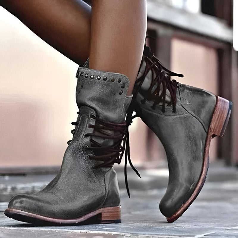 Women's Vintage Mid Calf Boots Studded Lace Up Low Heel