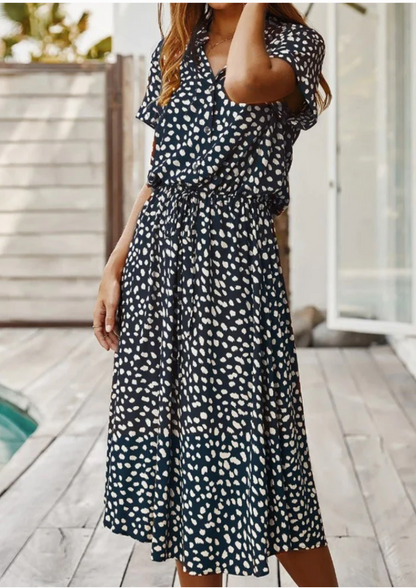 Women's Spotted Print Midi Dress Button Down