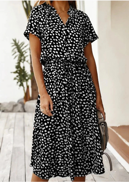 Women's Spotted Print Midi Dress Button Down
