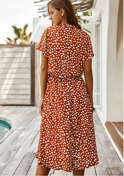 Women's Spotted Print Midi Dress Button Down