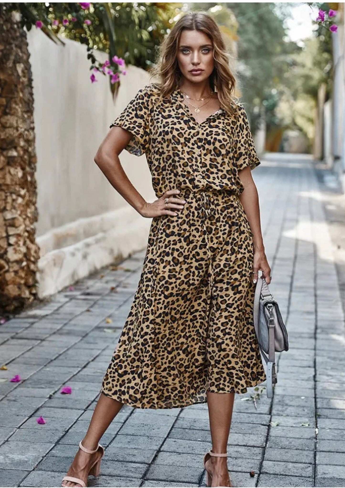 Women's Spotted Print Midi Dress Button Down