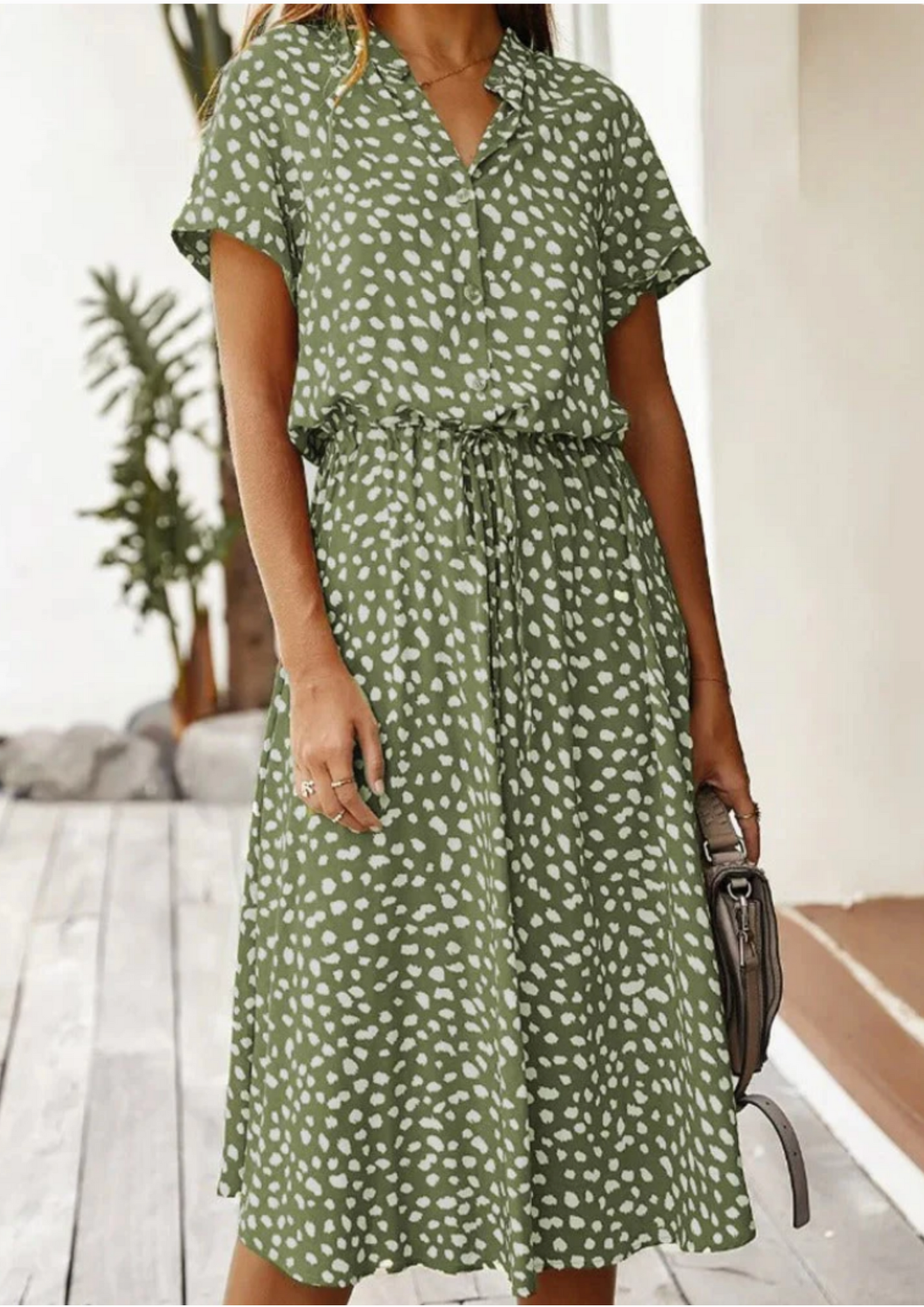 Women's Spotted Print Midi Dress Button Down