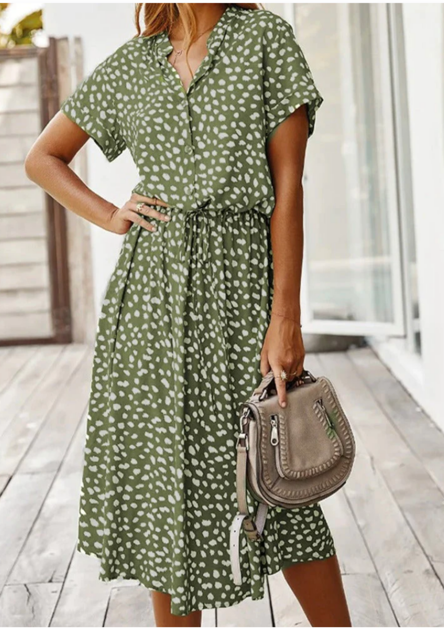 Women's Spotted Print Midi Dress Button Down
