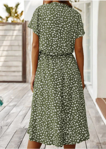 Women's Spotted Print Midi Dress Button Down