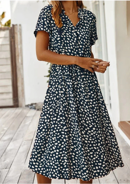 Women's Spotted Print Midi Dress Button Down