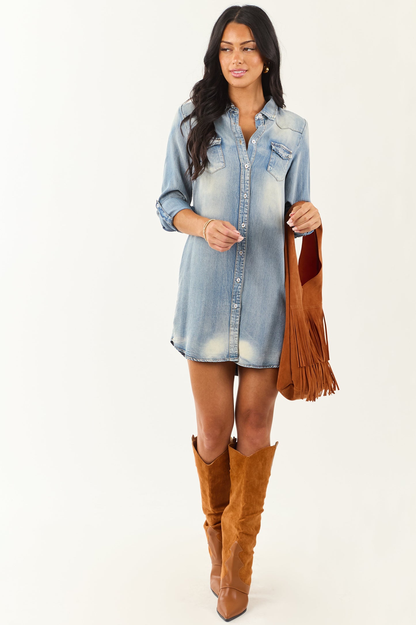 Women's Chambray Mini Dress Vintage Wash Blue